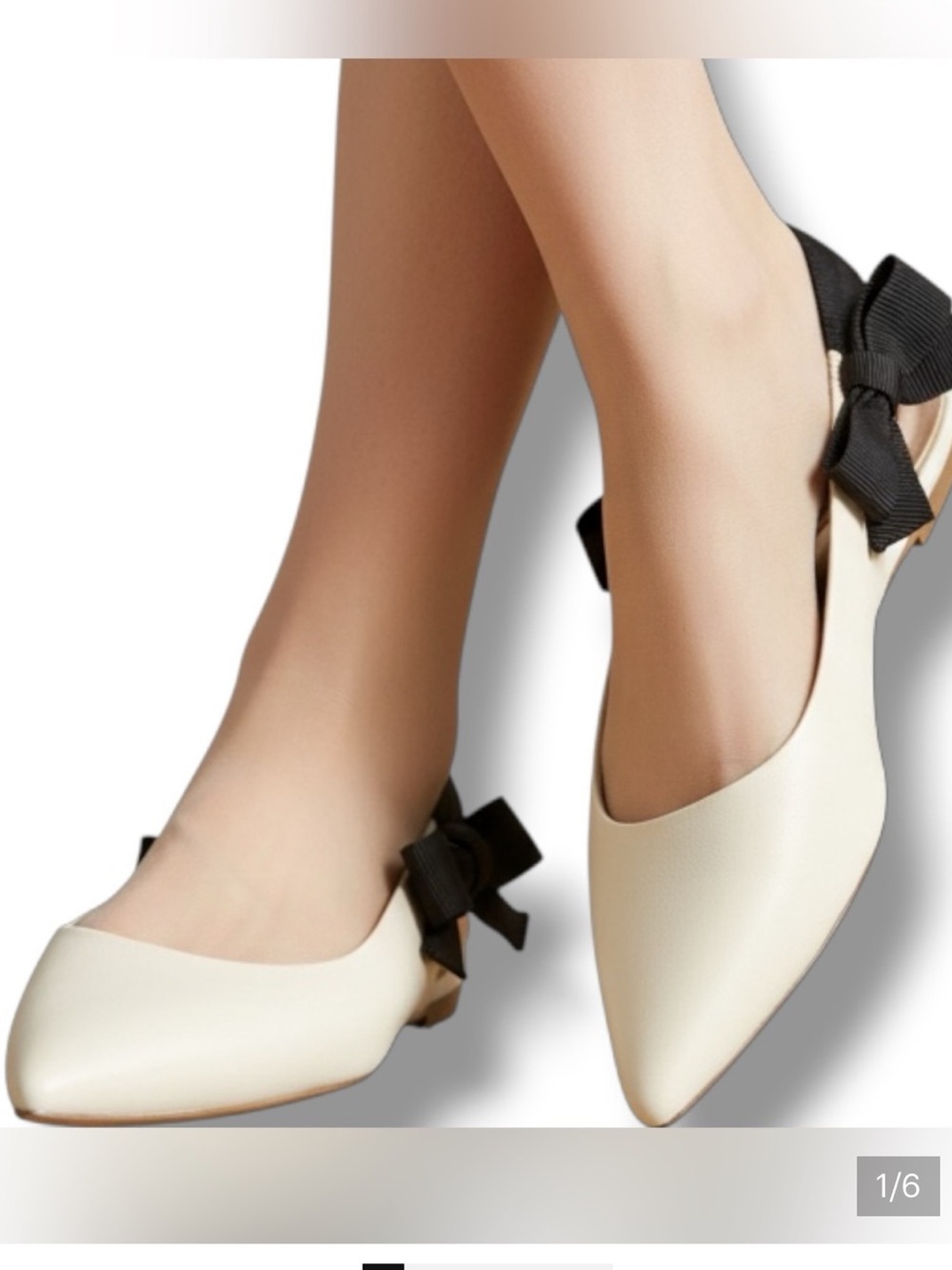 Maeve Cream Pointed Slingback Flats with Black Bow